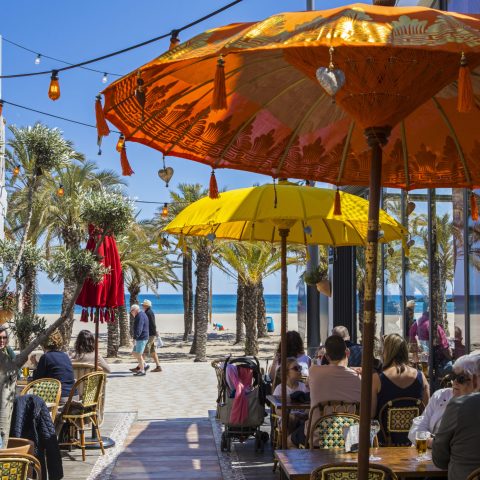 Javea, Spain - April 9th 2019: A view of a beautiful outdoor cafe in the coastal town of Javea, also knowan as Xabia, in the Costa Blanca region of Spain.