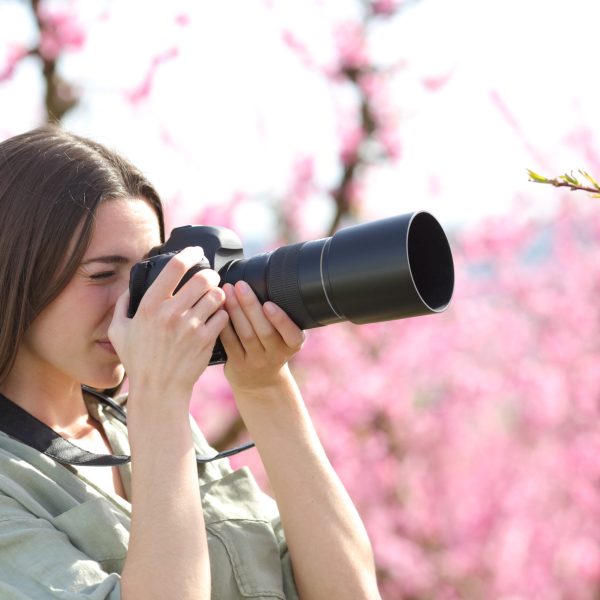 Mulher em um campo florido tirando fotos com uma câmera DSLR em um dia ensolarado.